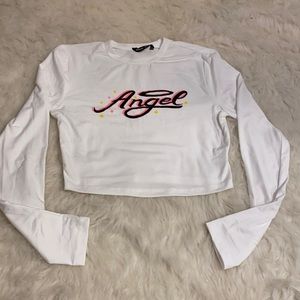SHEIN white Angel long sleeve crop top